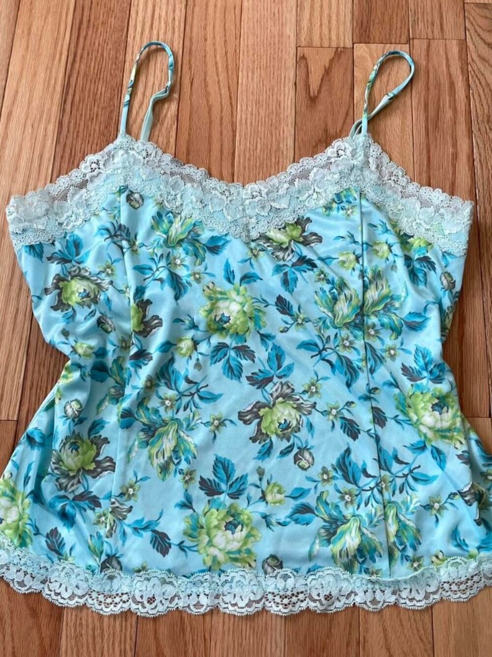 Vintage Blue Floral Silky Satin Lace Trim Cami Top Large Coquette Babydoll - Picture 3 of 8